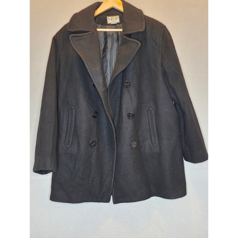 Mario De Pinto Mens 1X Black Wool Blend Pea Coat Double Breasted Anchor Button